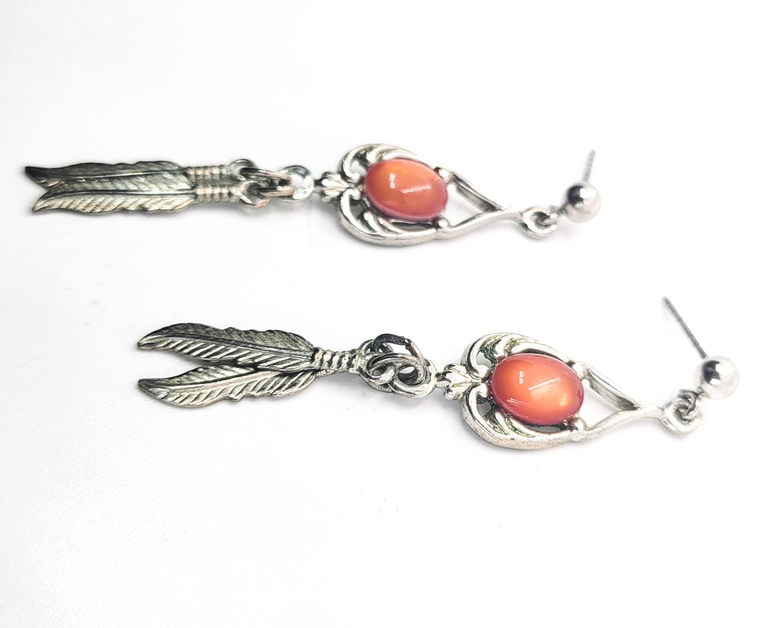 Spiny Oyster Southwestern style sterling silver long drop feather earrings detailed image 4