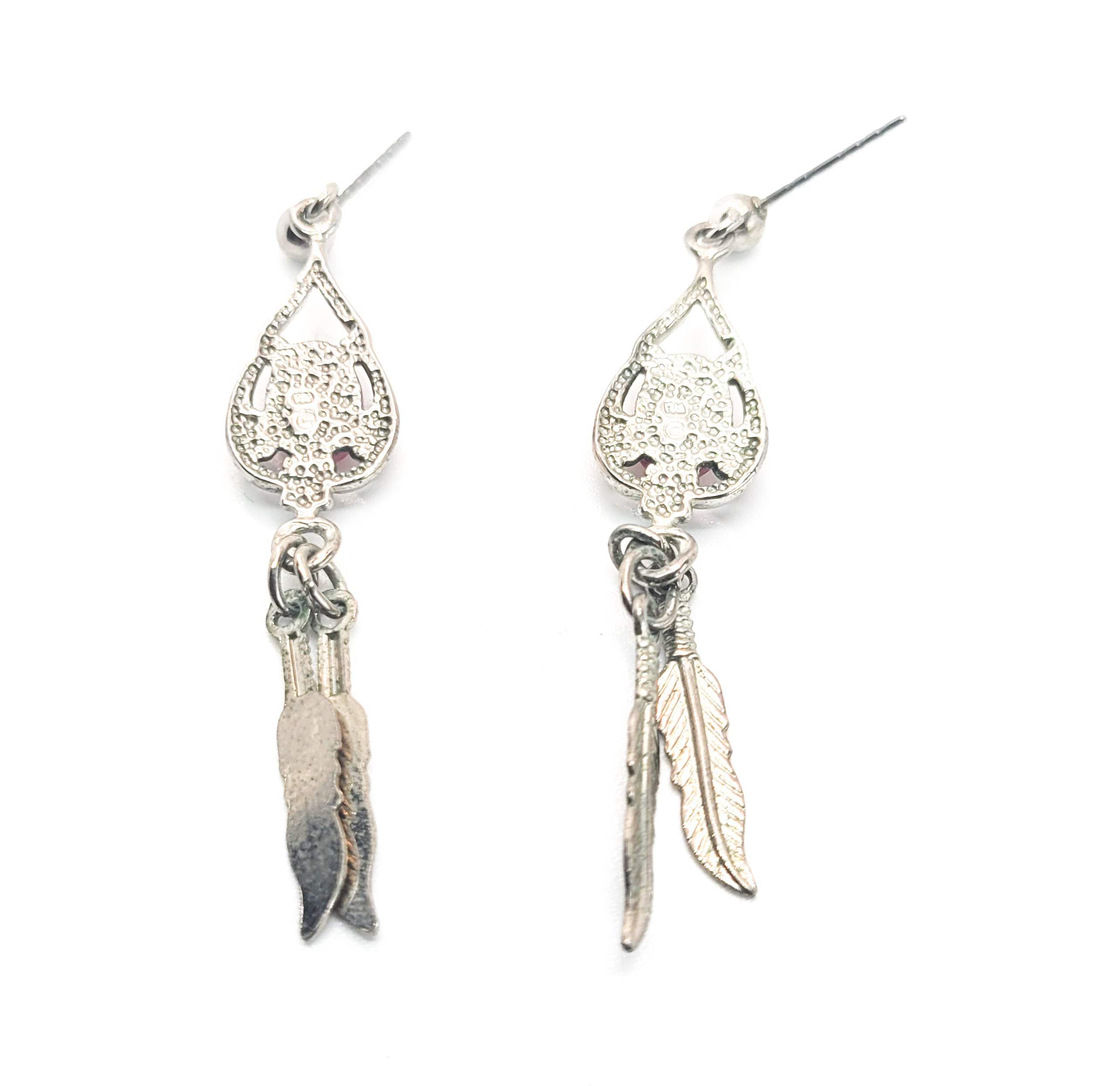 Spiny Oyster Southwestern style sterling silver long drop feather earrings detailed image 5