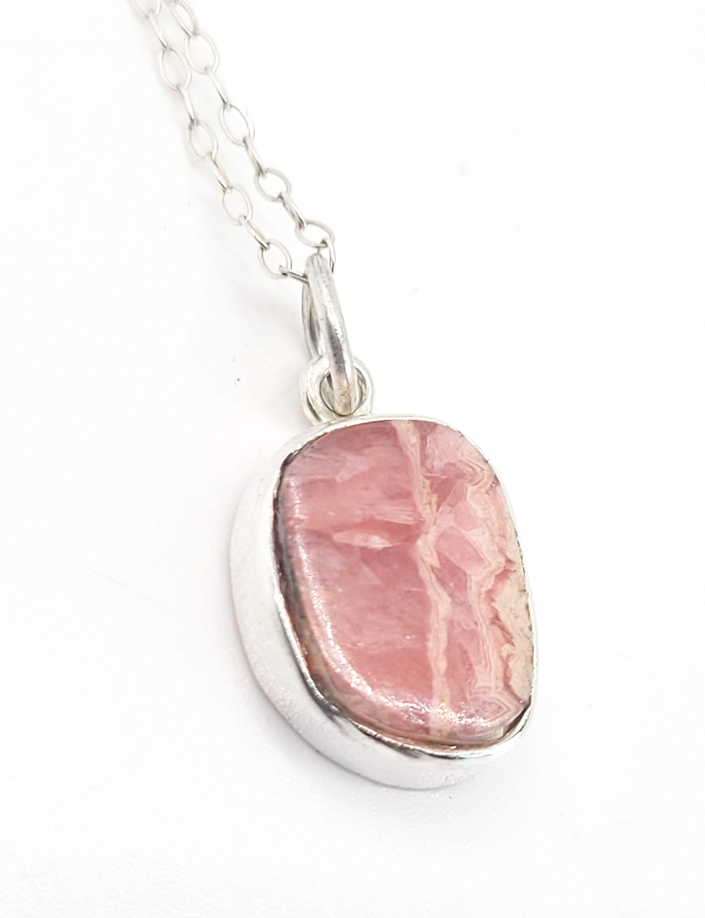 Pink Rhodochrosite banded gemstone sterling silver pendant necklace main product image