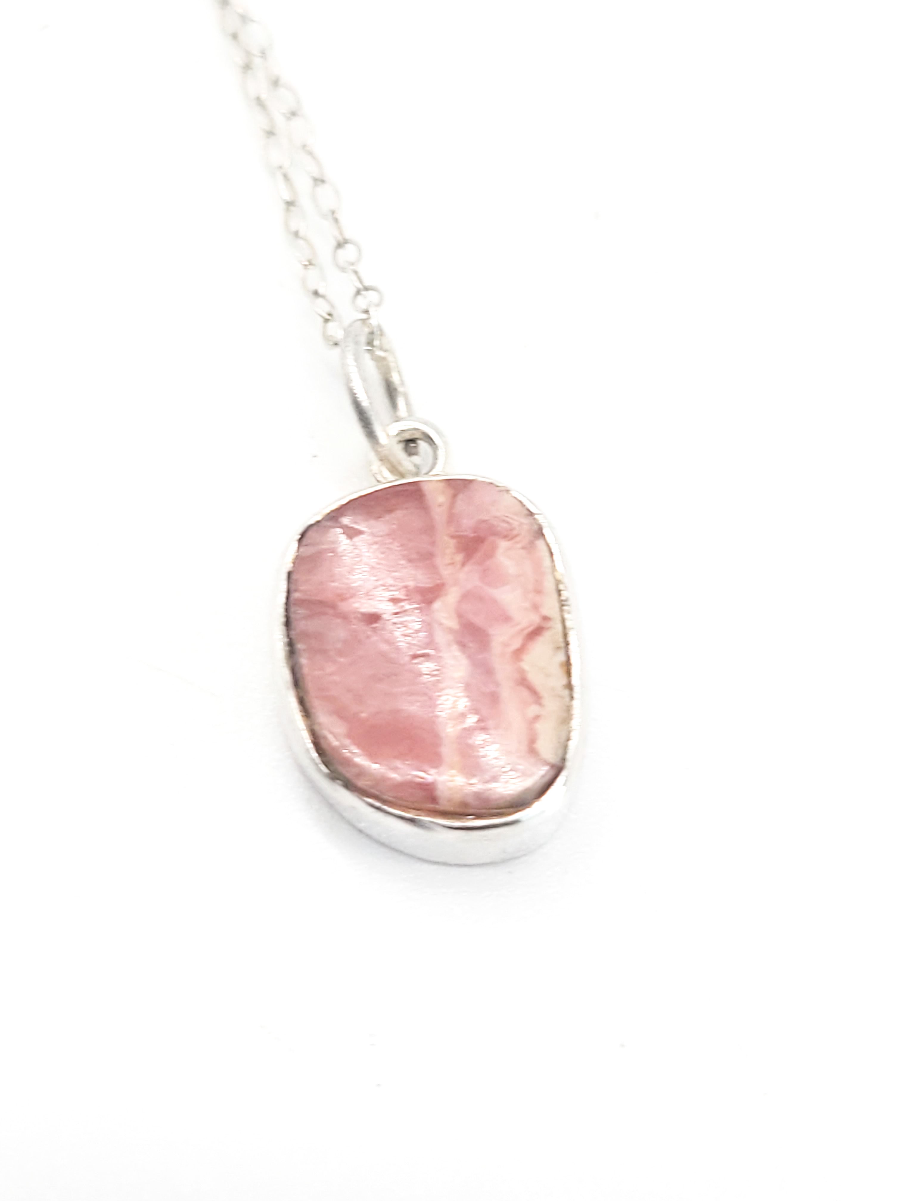 Pink Rhodochrosite banded gemstone sterling silver pendant necklace product image view 2