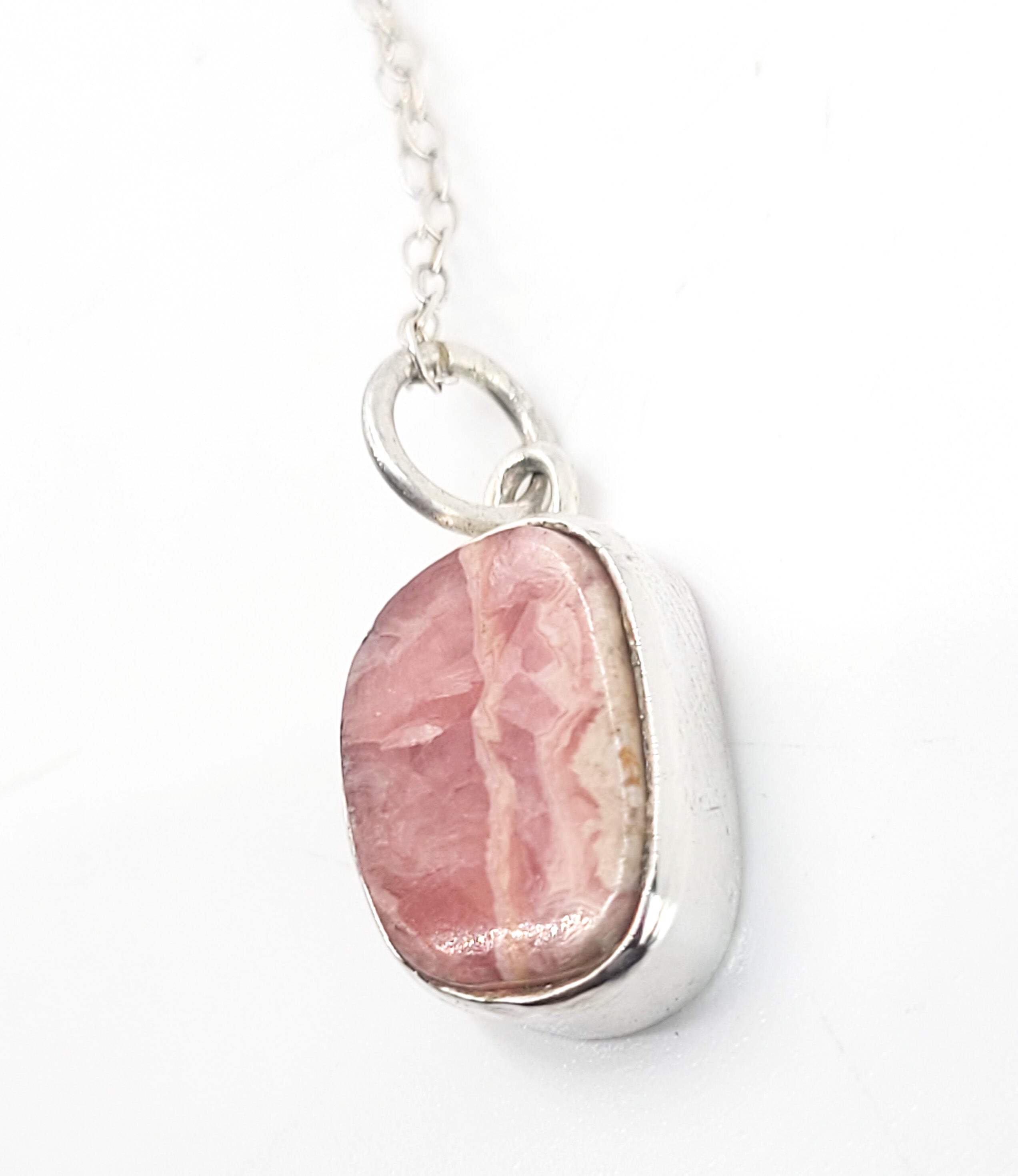 Pink Rhodochrosite banded gemstone sterling silver pendant necklace detailed image 3