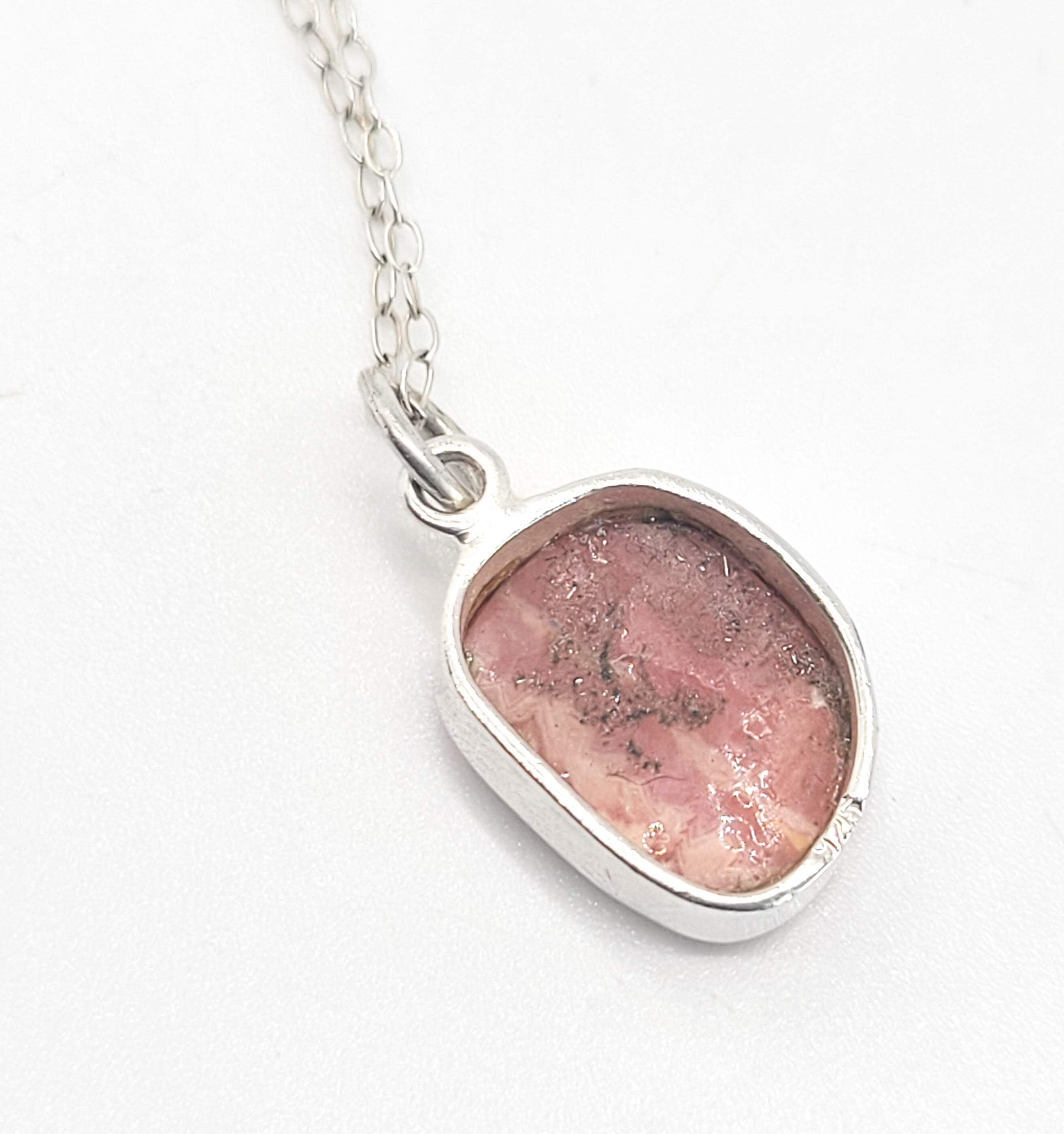 Pink Rhodochrosite banded gemstone sterling silver pendant necklace detailed image 5