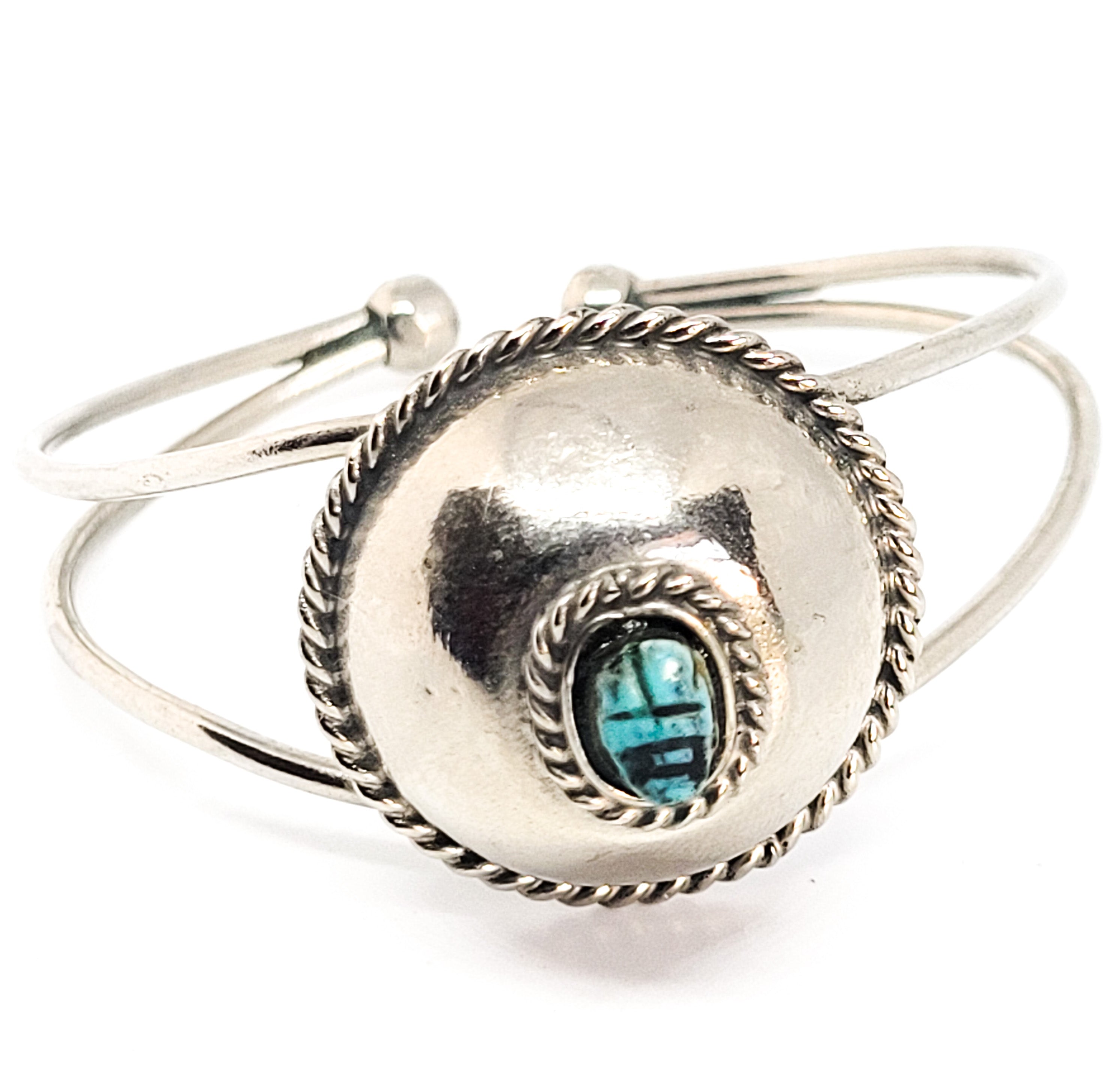 Egyptian Revival Scarab faience blue cab vintage silver toned cuff bracelet main product image