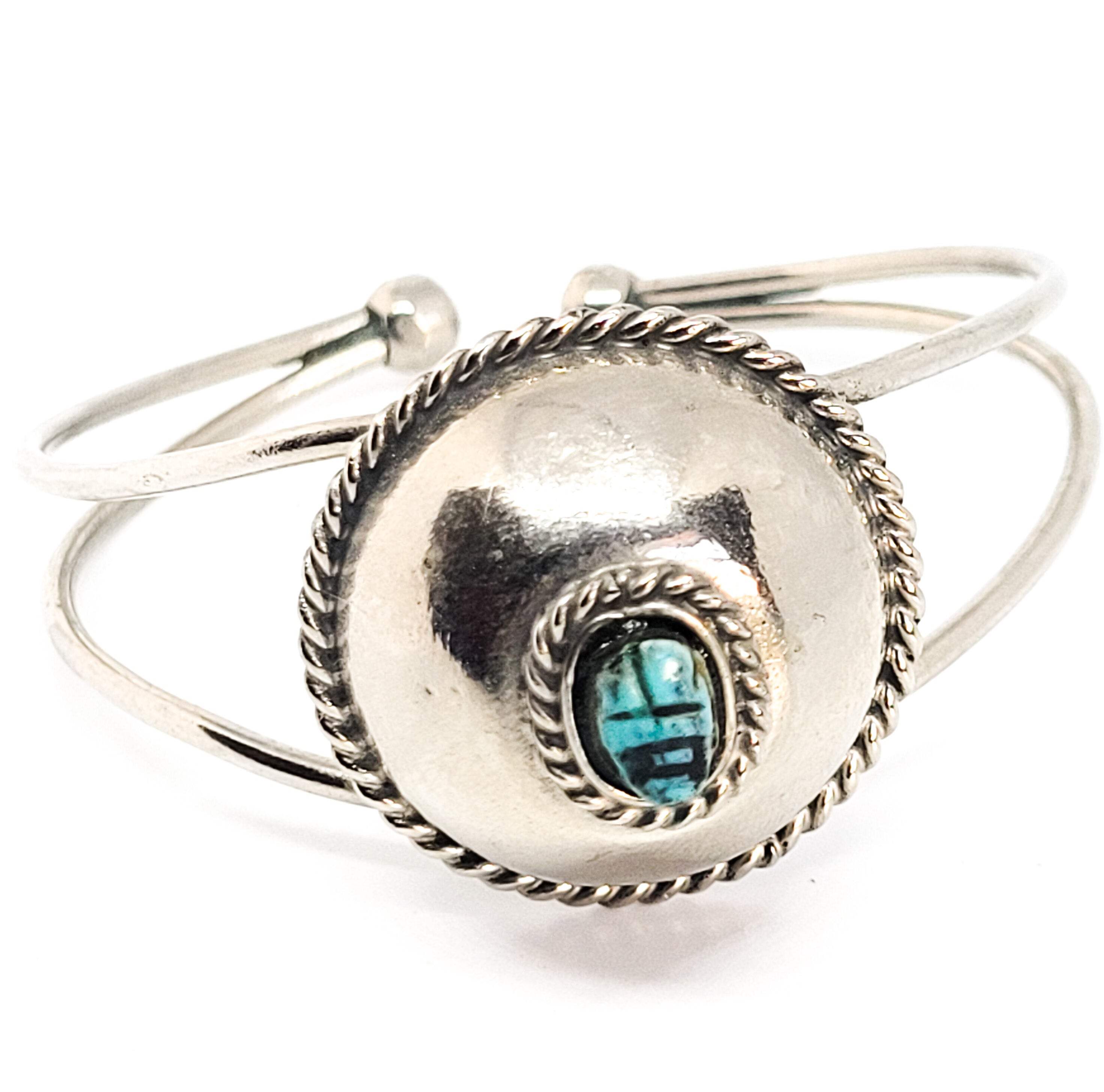 Egyptian Revival Scarab faience blue cab vintage silver toned cuff bracelet main product image