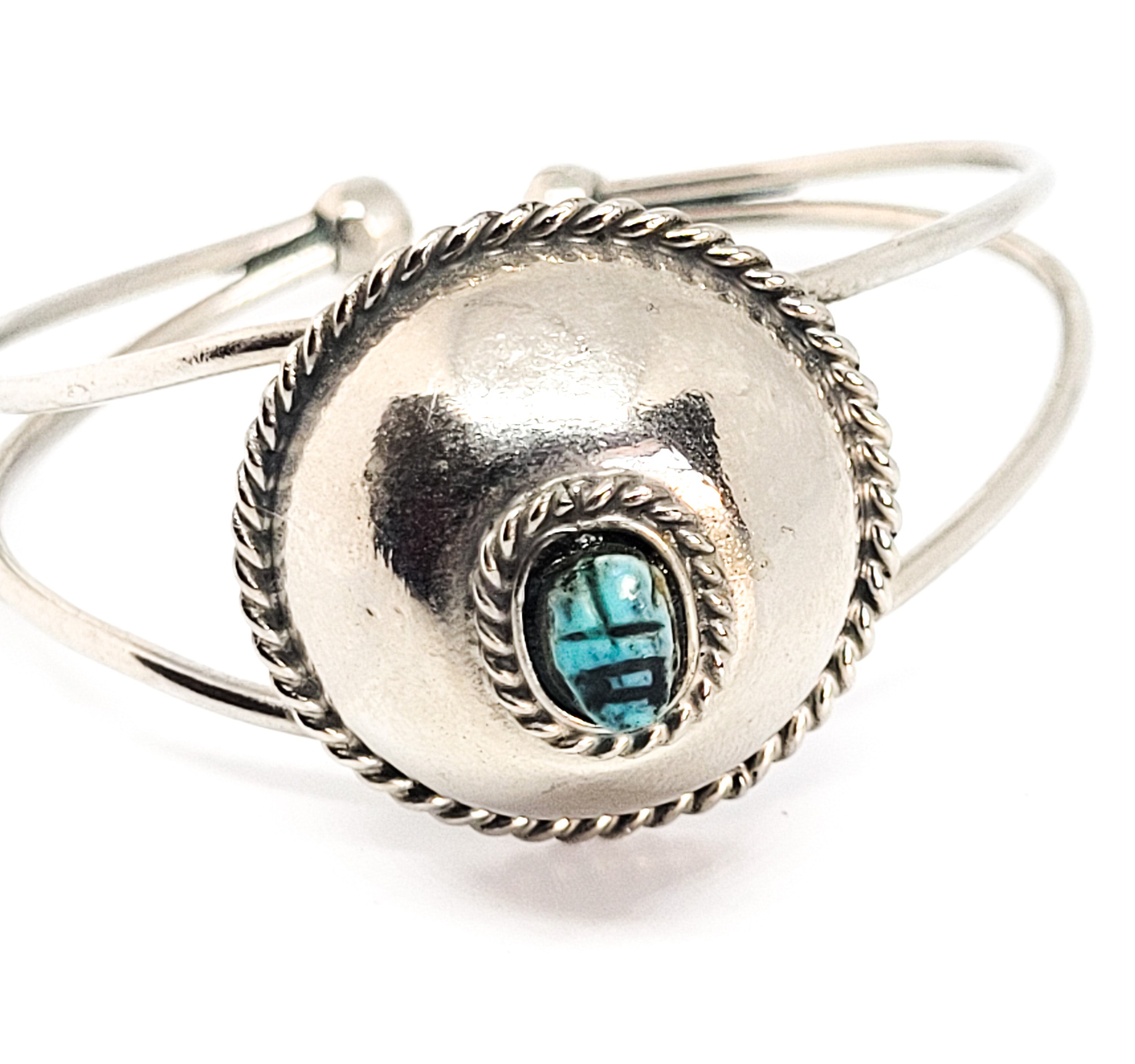 Egyptian Revival Scarab faience blue cab vintage silver toned cuff bracelet product image view 2