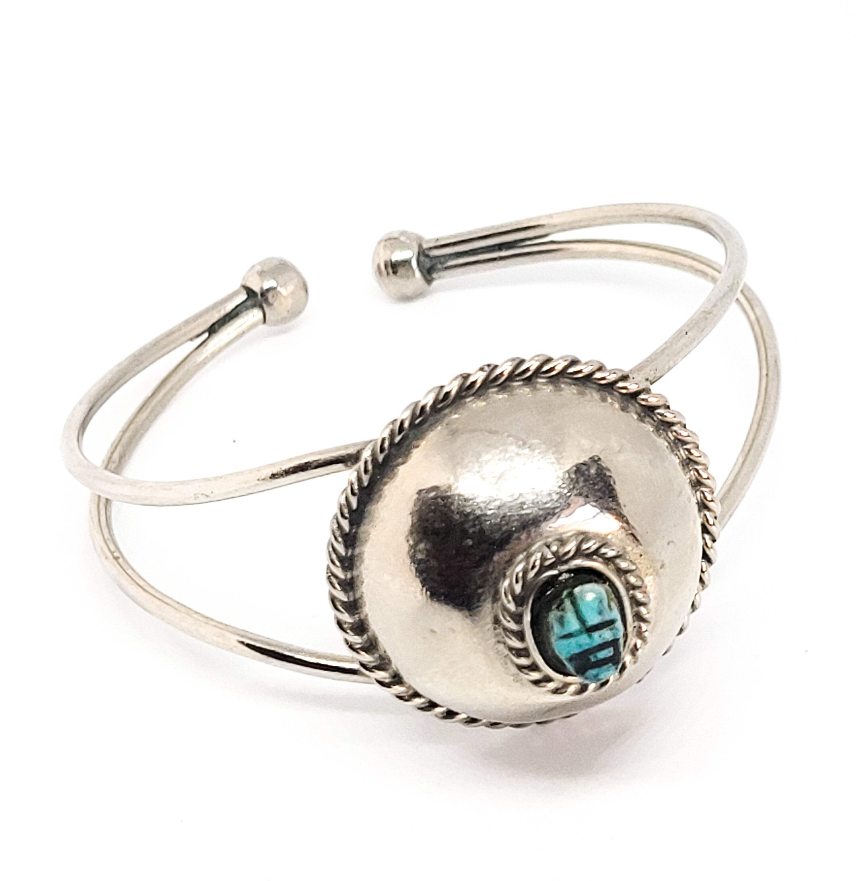 Egyptian Revival Scarab faience blue cab vintage silver toned cuff bracelet detailed image 3