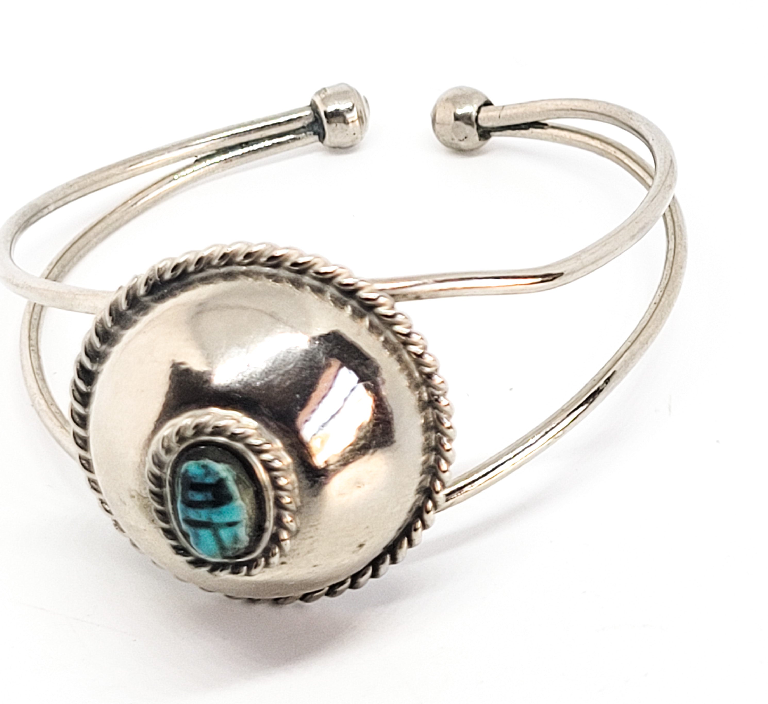 Egyptian Revival Scarab faience blue cab vintage silver toned cuff bracelet product image view 4