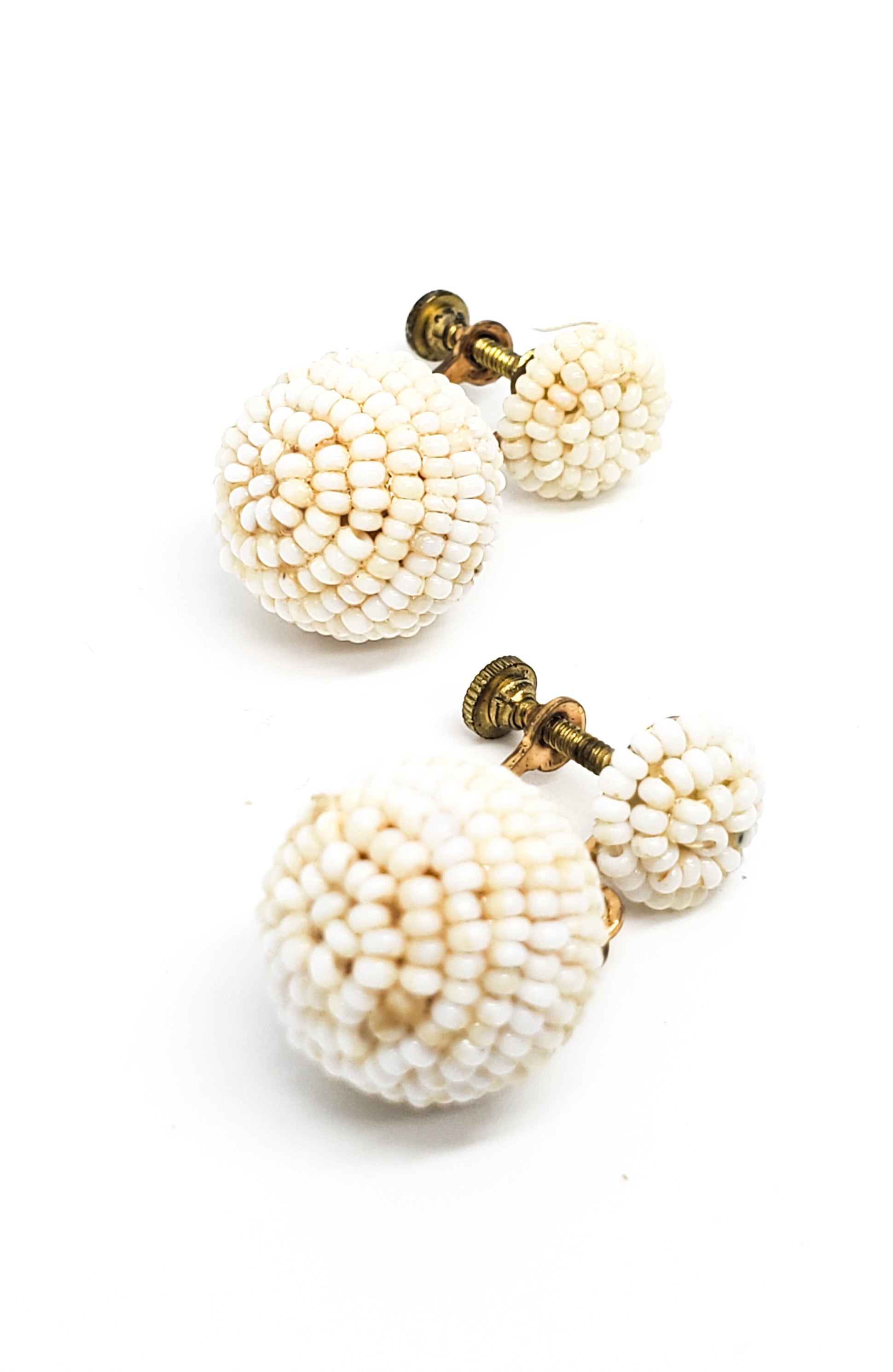 Bohemian style vintage white seed bead pin up drop screw back earrings product image view 2
