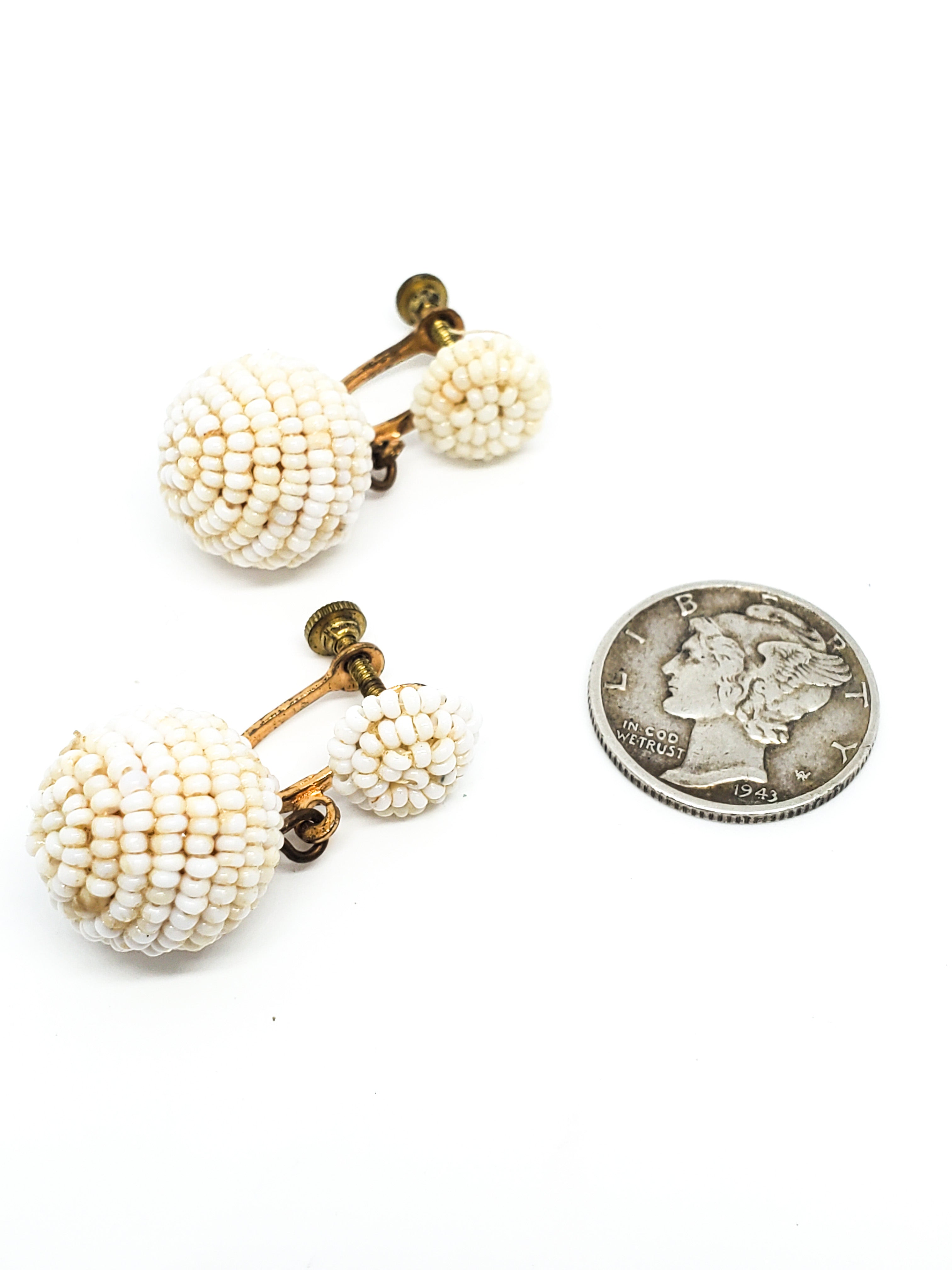 Bohemian style vintage white seed bead pin up drop screw back earrings product image view 3