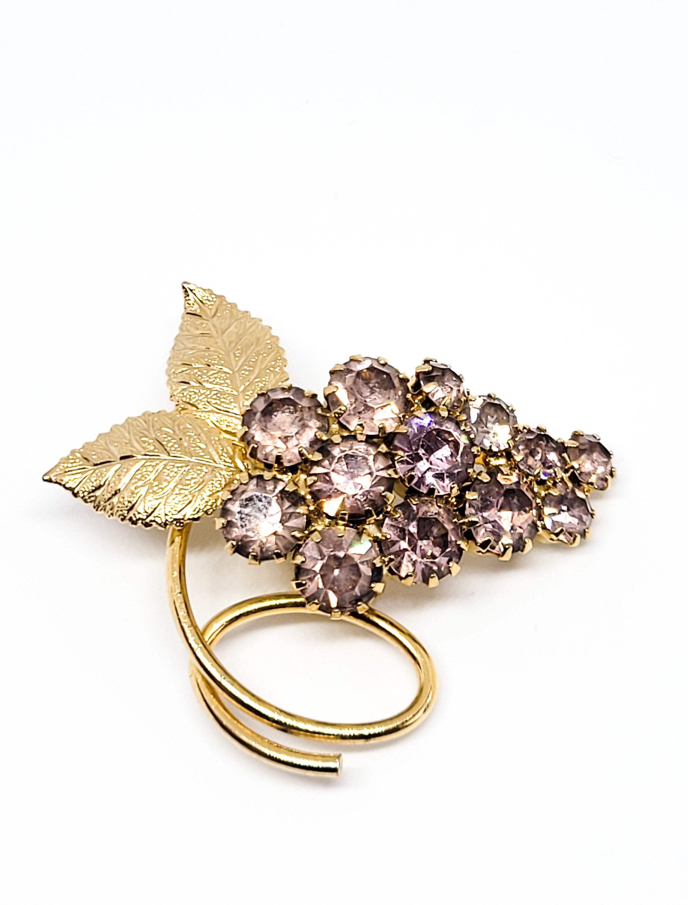 Purple rhinestone gold toned vintage grape cluster brooch detailed image 2