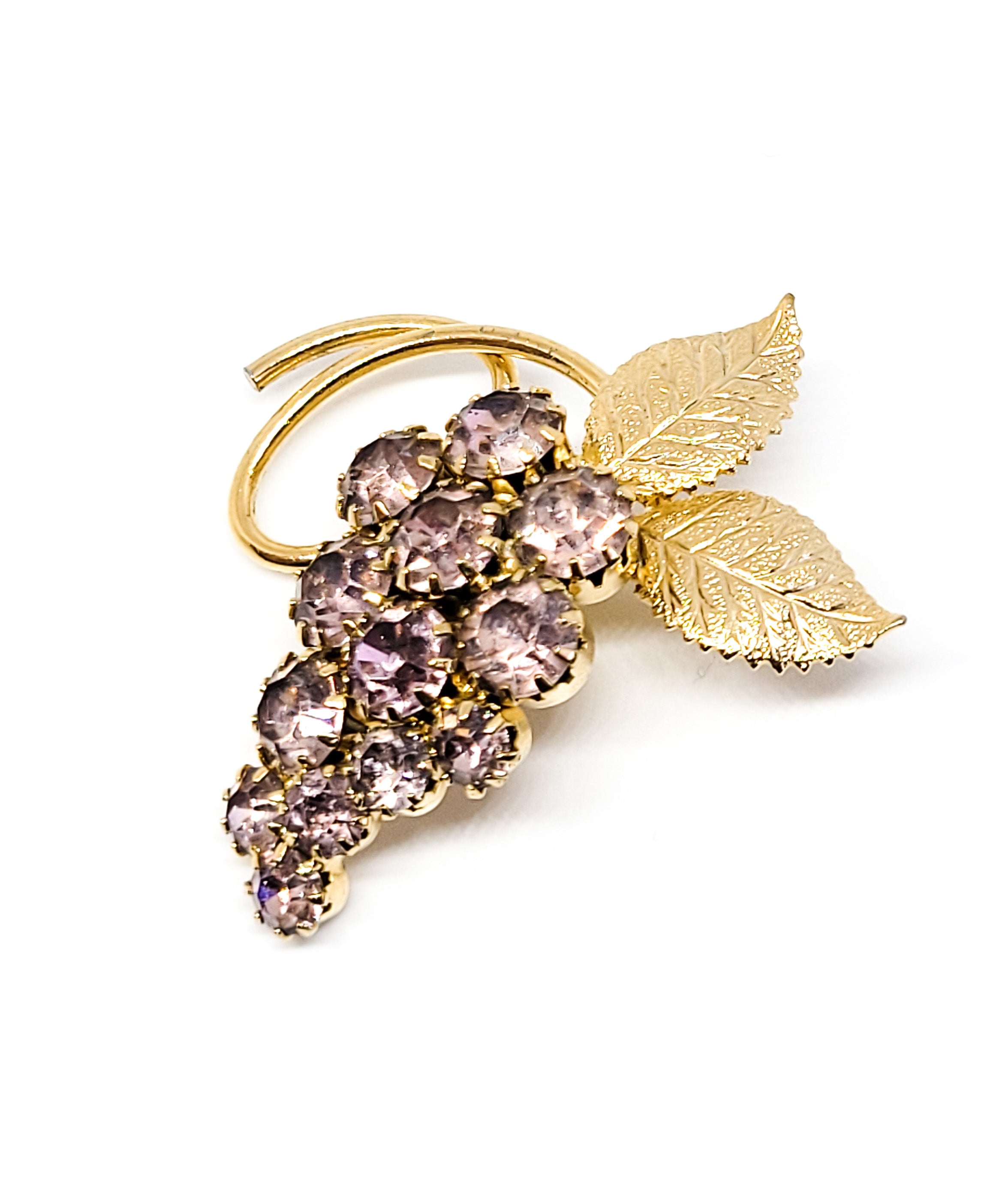 Purple rhinestone gold toned vintage grape cluster brooch product image view 3