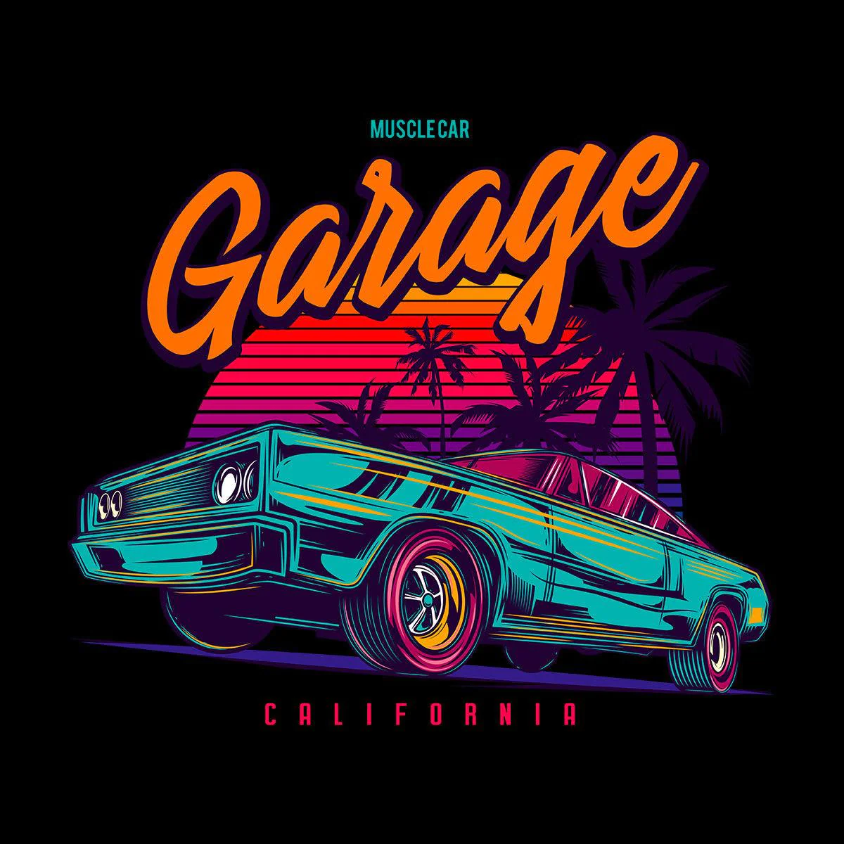 An American muscle car in retro neon style - Garage California
