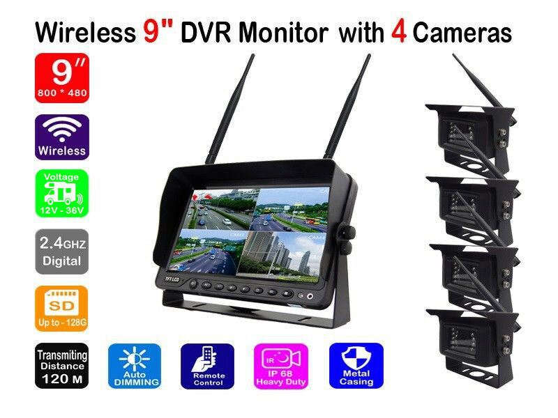 Wireless 9" DVR Monitor with 4 Reverse Camera, 12/24V for Caravan/Truck