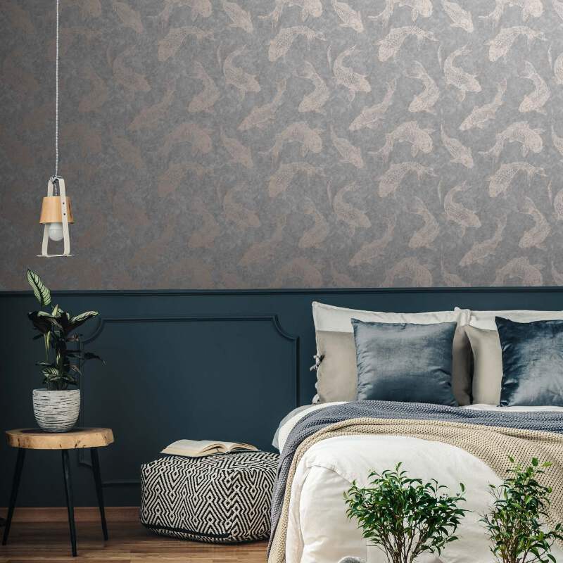 Koi Carp Motif Design Wallpaper Grey Rose Gold Ebay