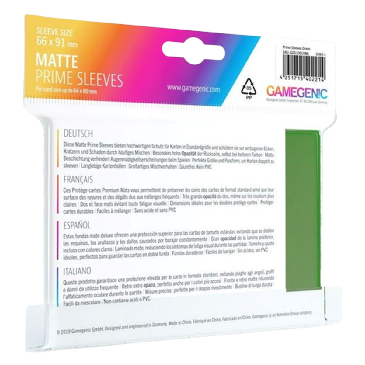 Gamegenic Matte Prime Card Sleeves Green (66mm x 91mm) (100 Sleeves Per Pack)