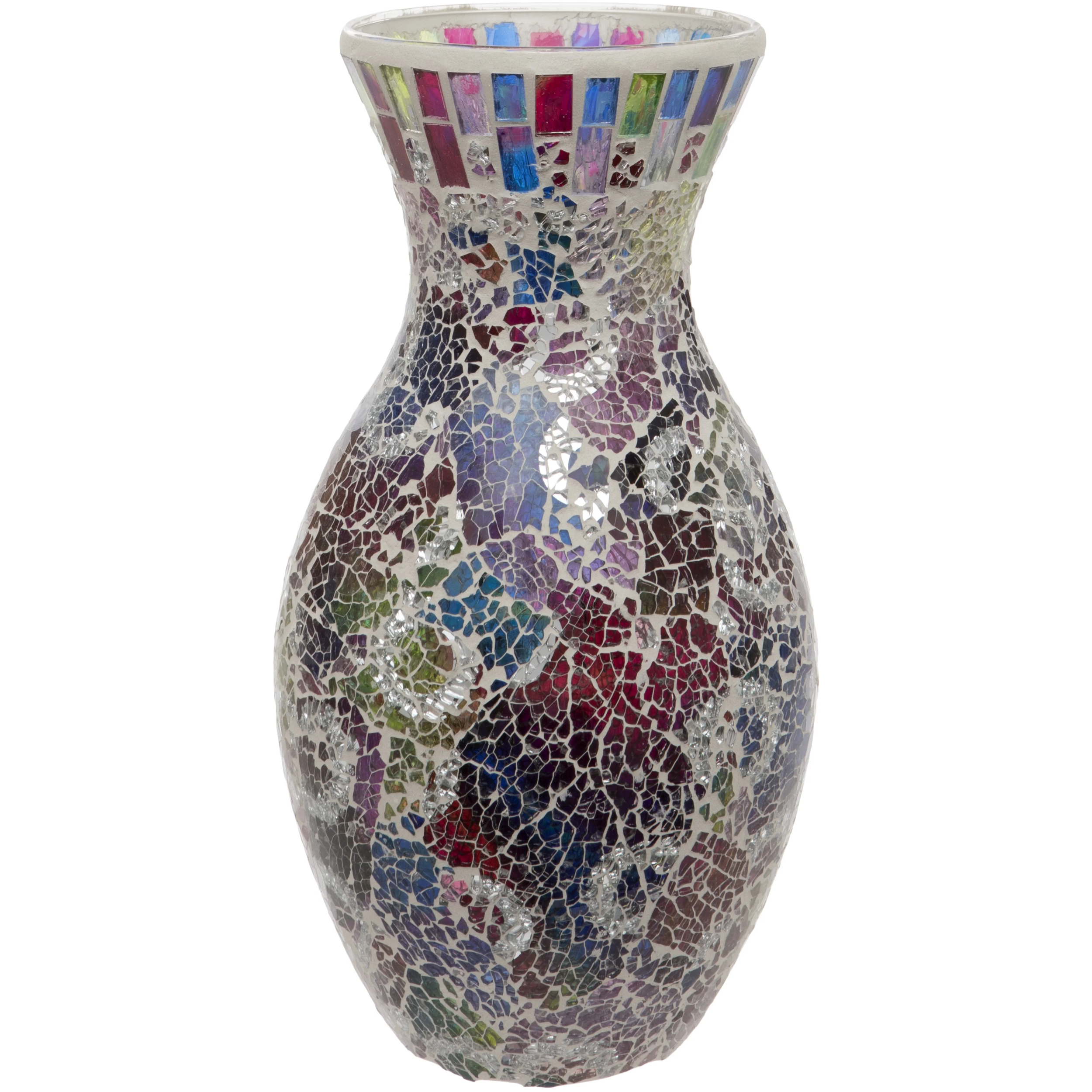 Tall Multi Coloured Floral Crackled Glass Mosaic Vase