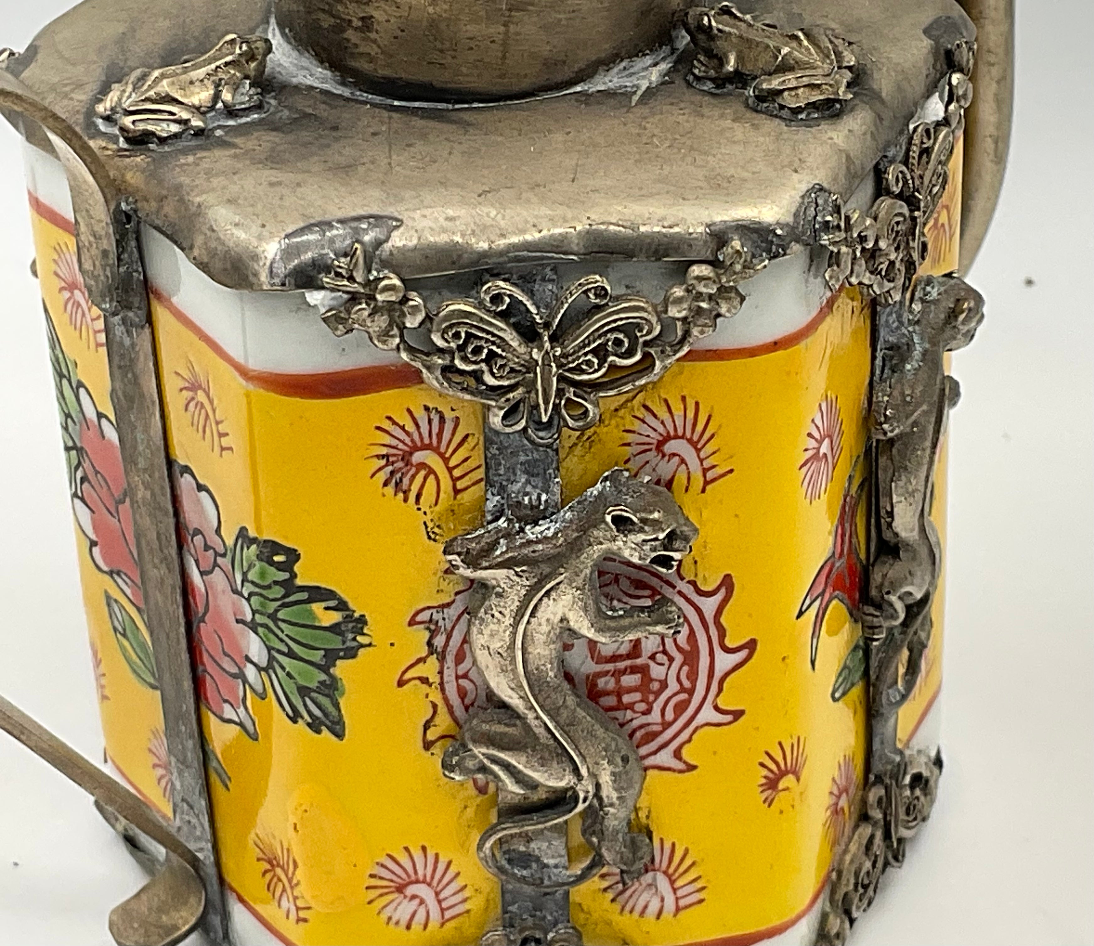 Antique Chinese teapot with Monkey Lid, Ceramic and silver