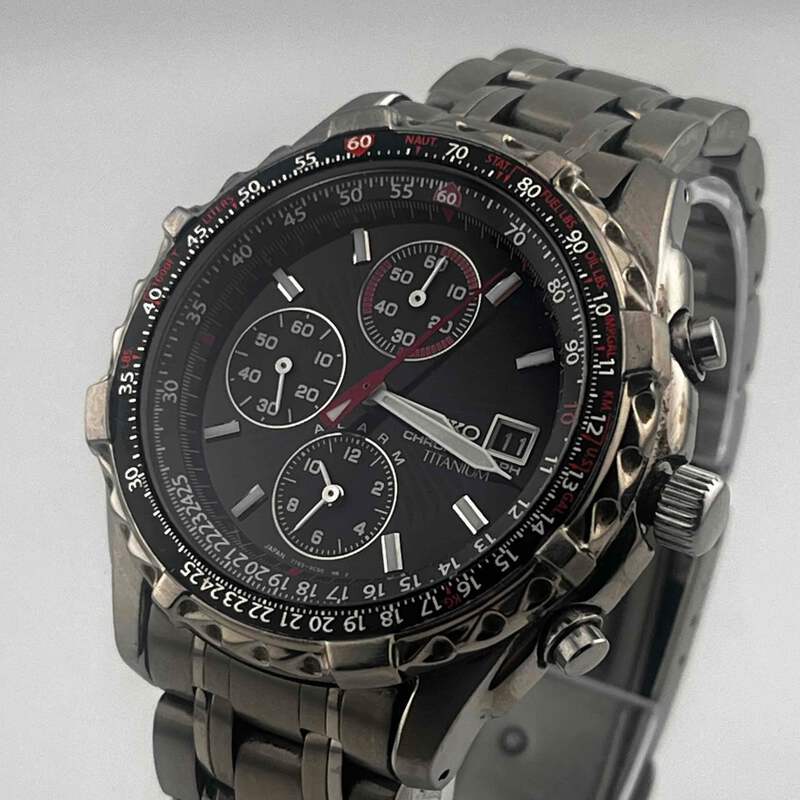 ル 年末のプロモーション Silver TITANIUM CHRONOGRAPH 7T62-0BY0 SEIKO Black Men's Dial 時計