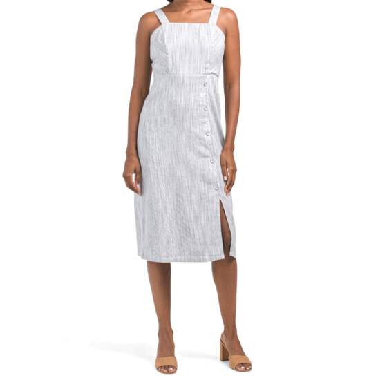 NWT Tahari Linen Strappy Button Closure Stretch Striped Midi Dress | eBay