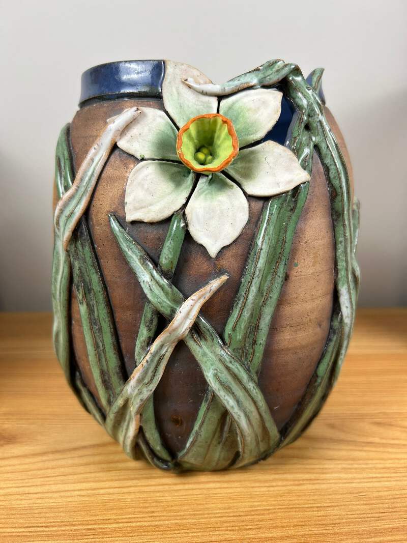 Old Patagonia Studio Art Pottery 1998 Green Brown Flower In Relief