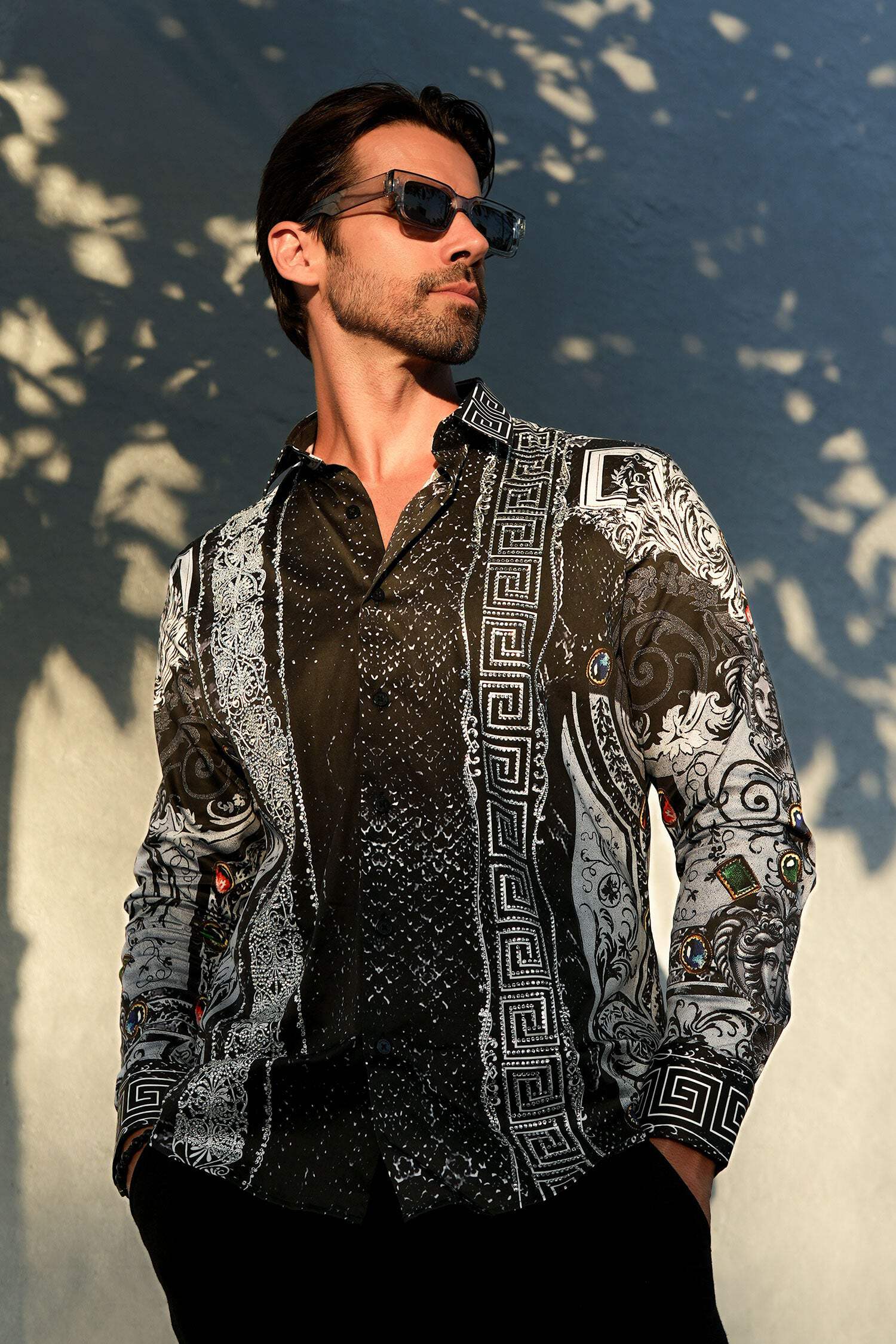 BARABAS Herren schwarz Schlange griechisches Muster Strass Kleid Shirts SPR962 - Bild 9 von 12