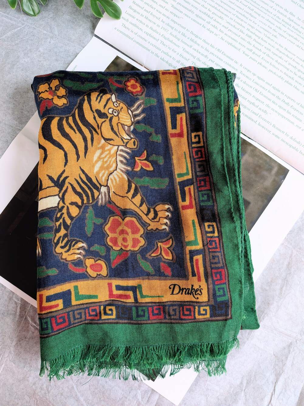 BNWT Drake's Green Navy Jumbo Tiger Print Wool-Silk Scarf