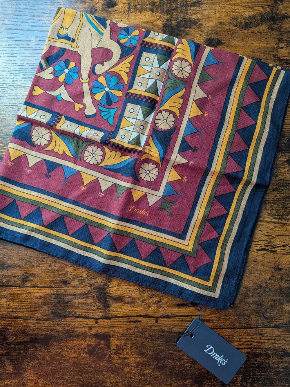 BNWT SALE Drake's Burgundy Buddhist Rider Print Wool-Silk Bandana