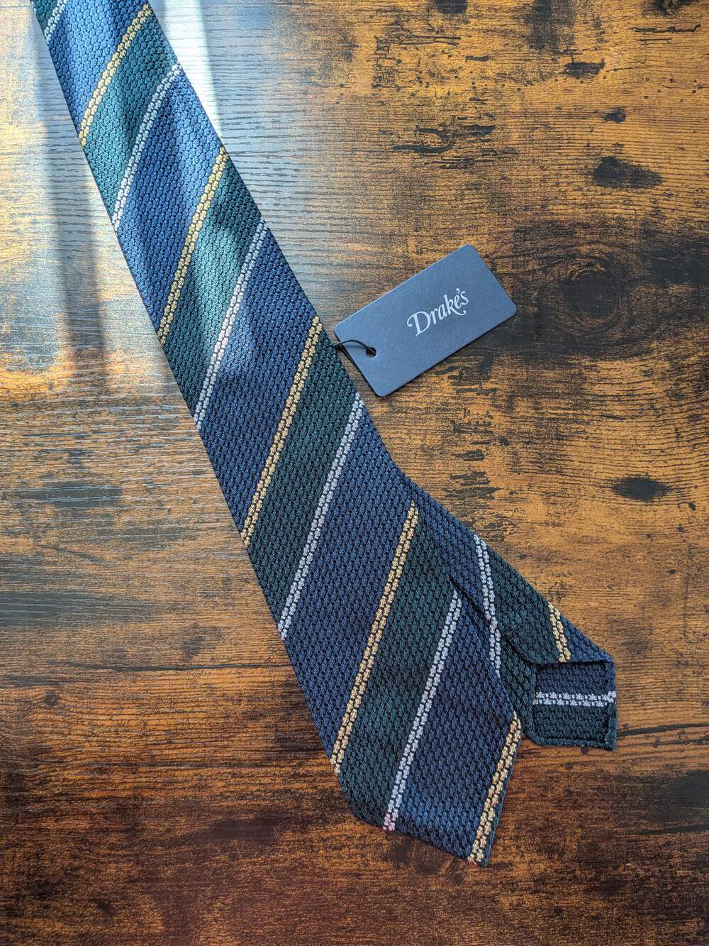 BNWT Drake's Grenadine Navy Green Yellow Multicoloured Striped Handmade Silk Tie