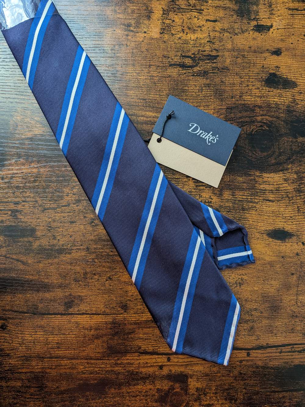 BNWT Drake's Navy Blue White Striped Handmade Silk Tie