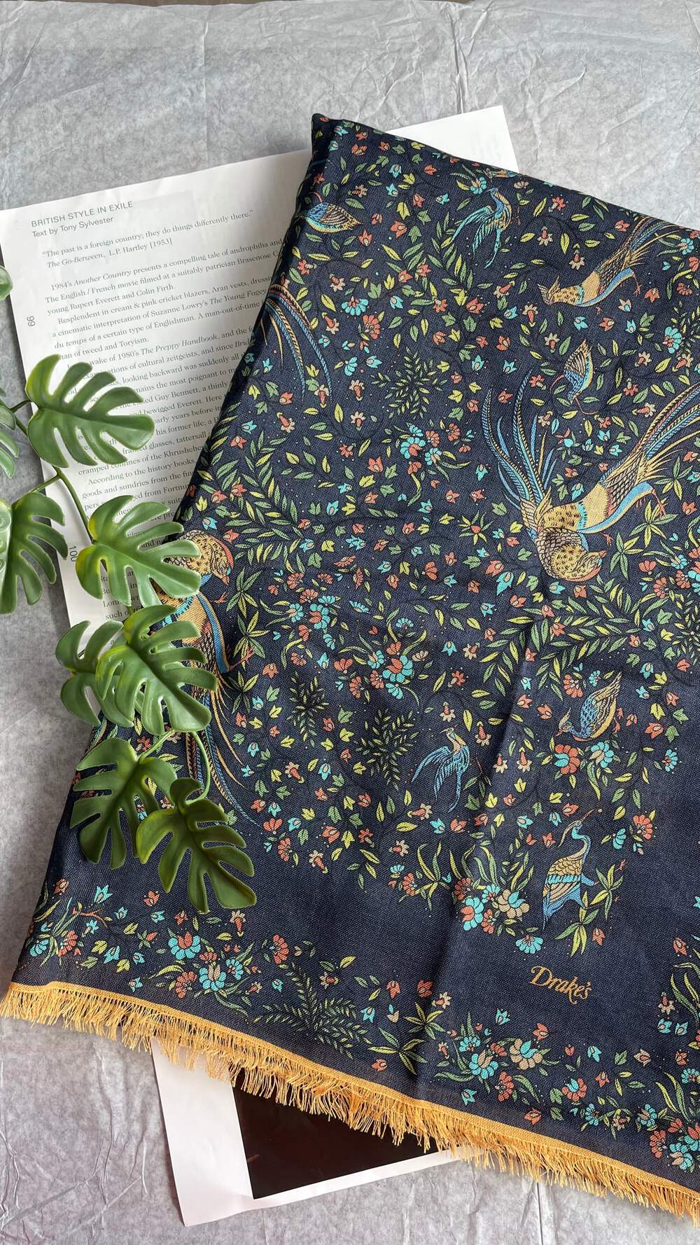 BNWT Drake's Navy Floral Birds of Paradise Print Wool-Silk Scarf