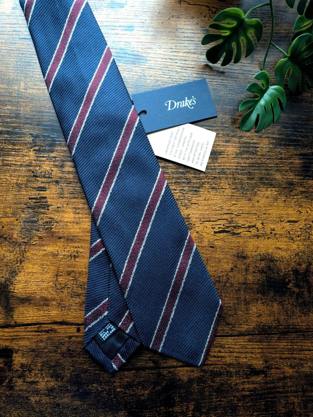 BNWT Drake's Navy, Burgundy and White Striped Handmade Silk Tie