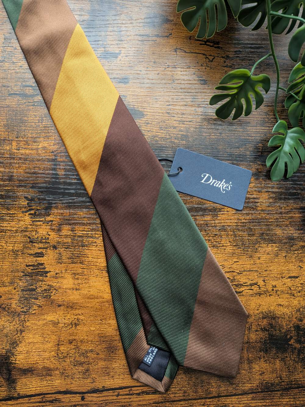 BNWT Drake's Brown, Green and Yellow Striped Handmade Silk Tie