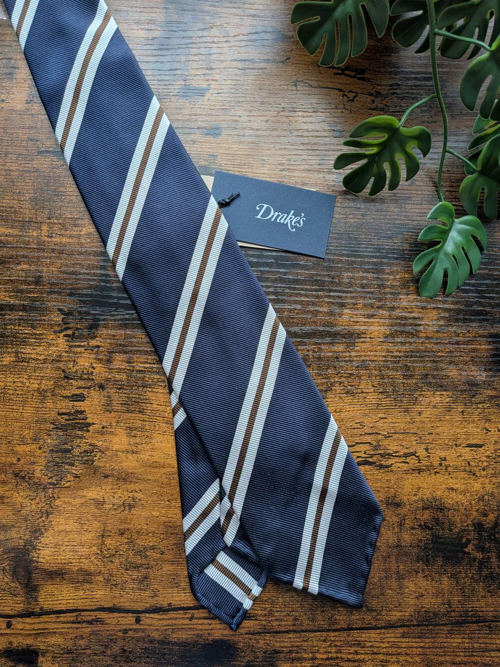 BNWT Drake's Navy, Brown and White Striped Handmade Silk Tie
