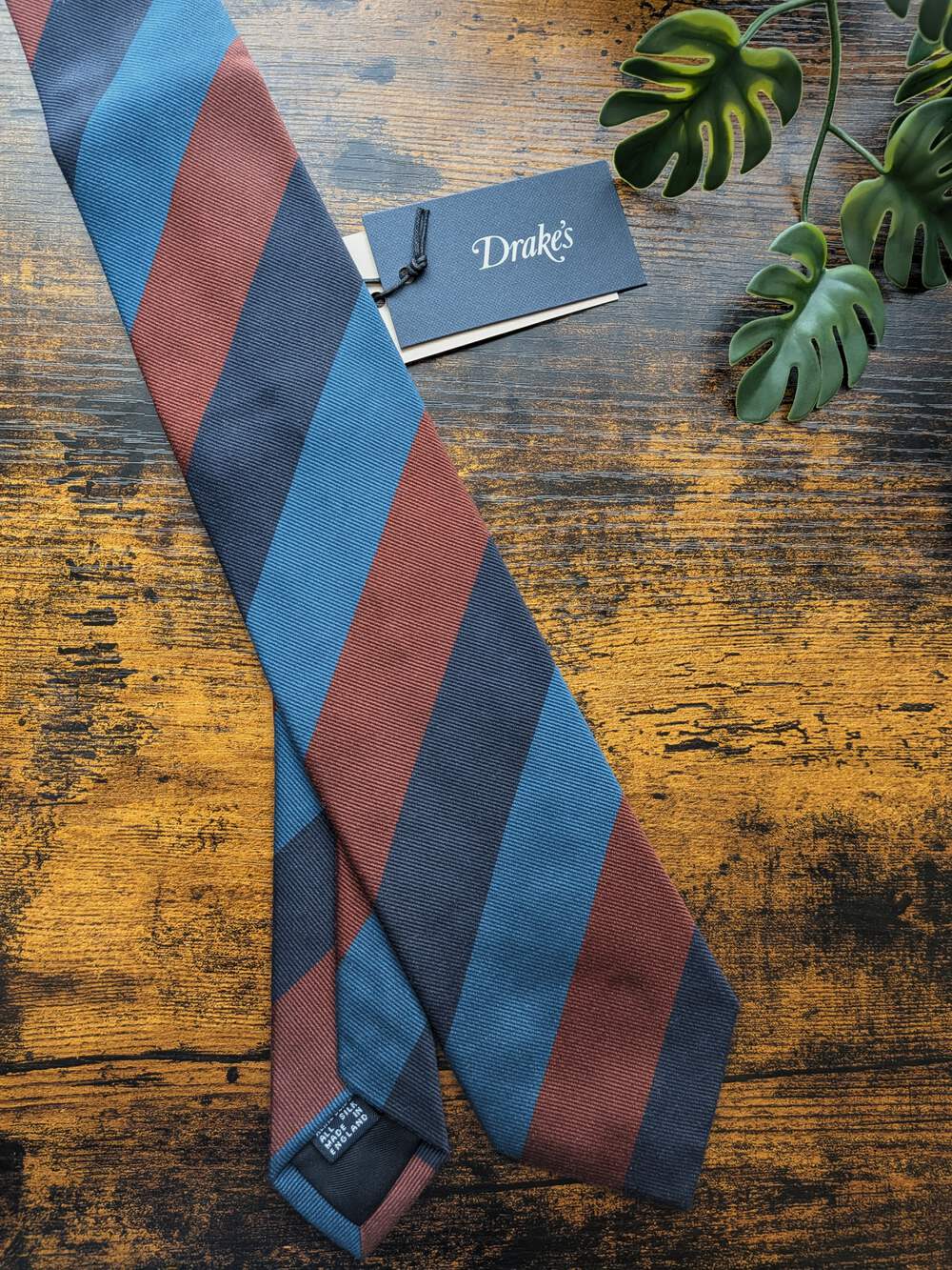 BNWT Drake's Navy, Blue and Brown Striped Handmade Silk Tie