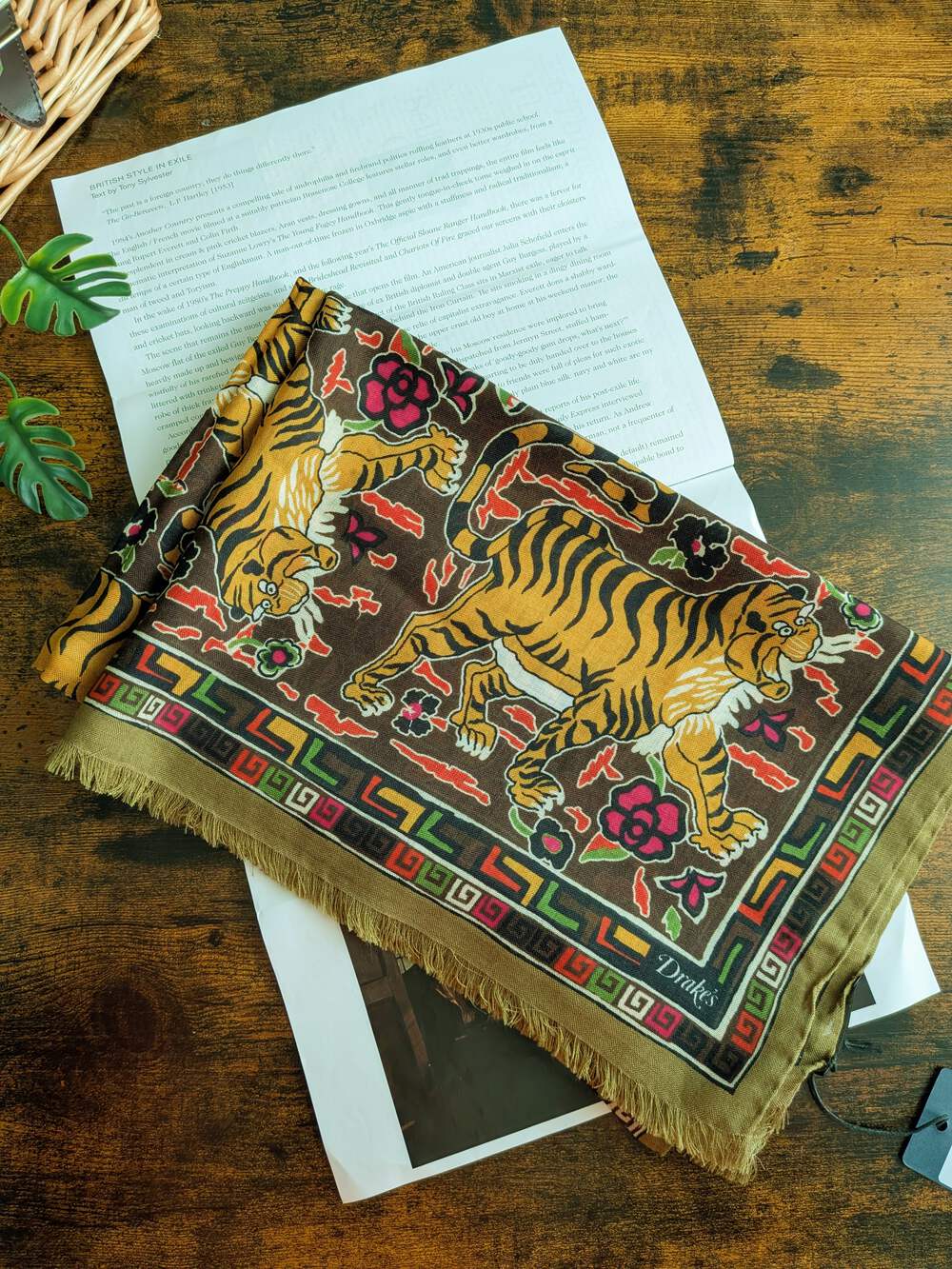 BNWT Drake's Khaki Jumbo Tiger Print Wool-Silk Scarf