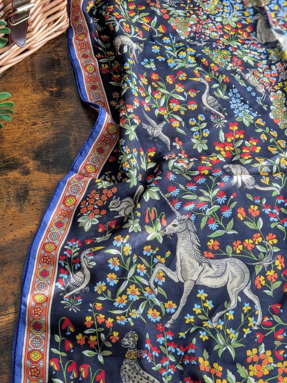 BNWT Drake's Navy Forest Animals Flower Border Wool-Silk Scarf