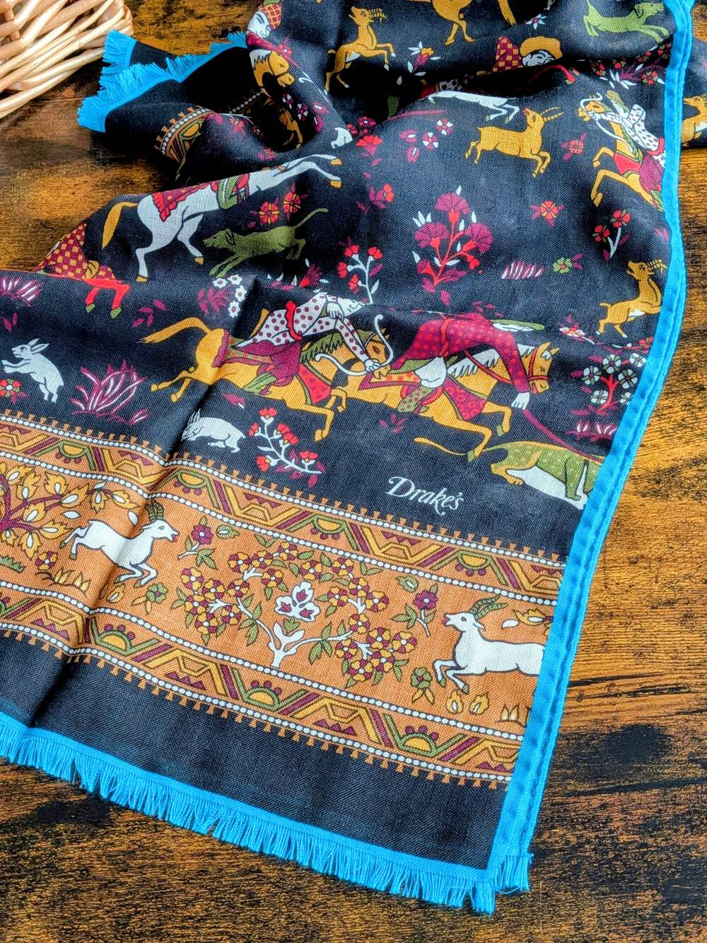 BNWT Drake's Black and Blue Mughal Fringed Printed Wool and Silk-Blend Scarf
