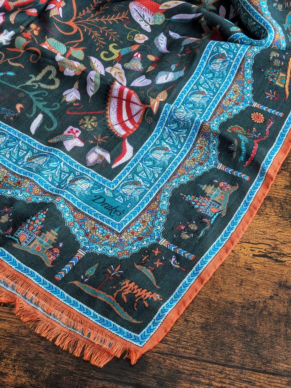 BNWT Drake's Green Classic Mughal Print Wool Silk Scarf
