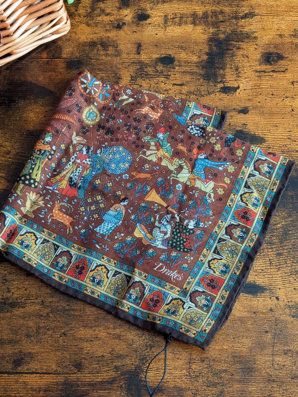 BNWT Drake's Brown Mughal Print Wool-Silk Pocket Square