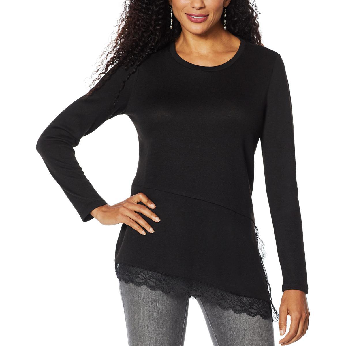 DG2 by Diane Gilman Ribbed Knit Asymmetric Lace-Hem Top-Wa - Picture 2 of 3