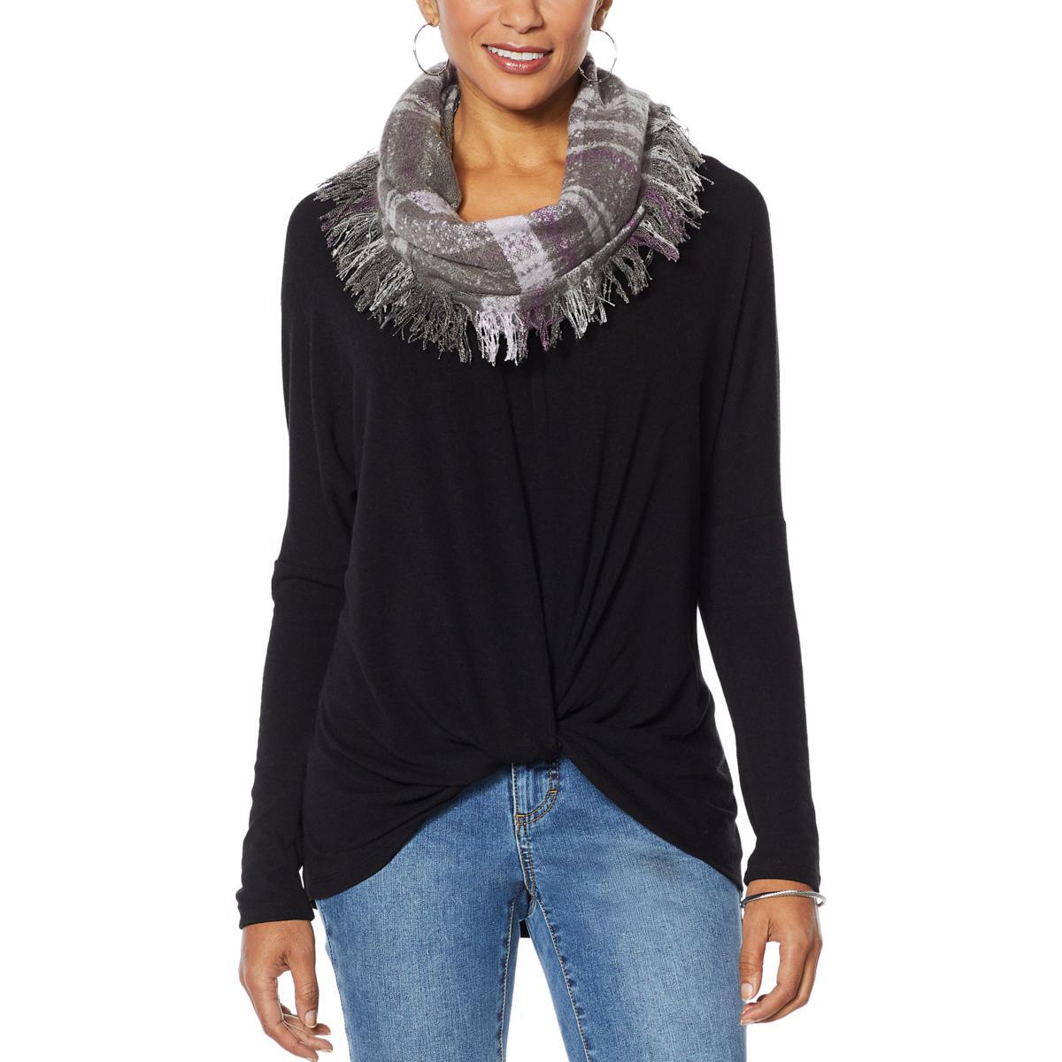 Colleen Lopez Drop-Shoulder Sweater Top with Plaid Scarf-Wa - Picture 3 of 3