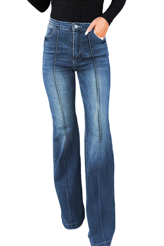 Low Waist Wide Leg Jeans with Seam Details Blue